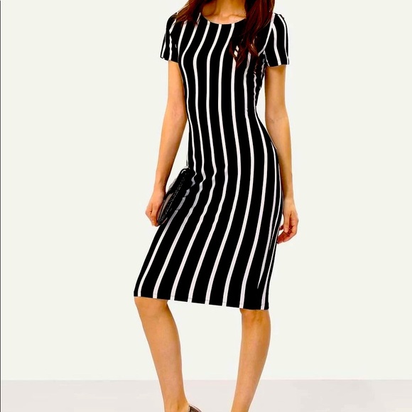 VERTICAL STRIPED LONG SHEATH DRESS- SALE - Picture 3 of 9
